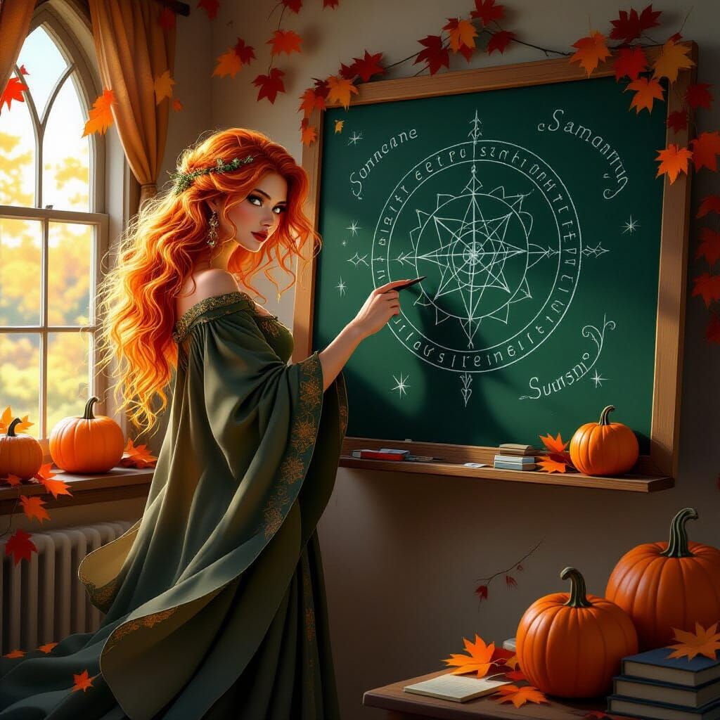 Fantasy Enchanted Pumpkin Teacher,Fiery-haired enchantress w...