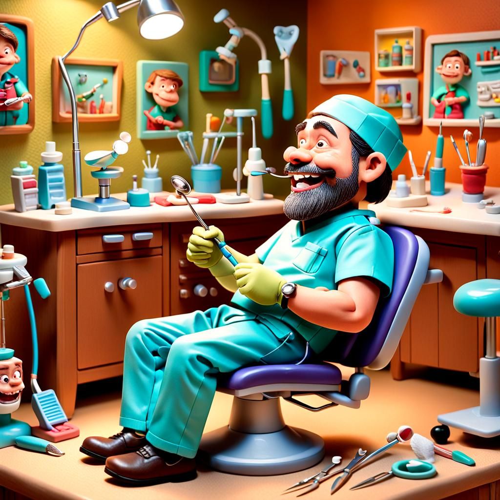 A whimsical claymation scene featuring a dwarf dentist examining a tiny tooth with dental tools