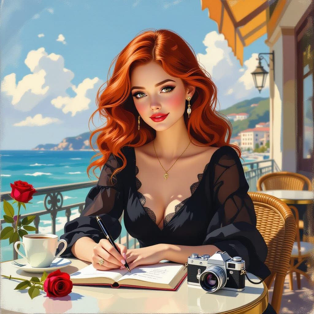 Doll-like Woman Writes Journal at Cafe in Impressionistic Oi...