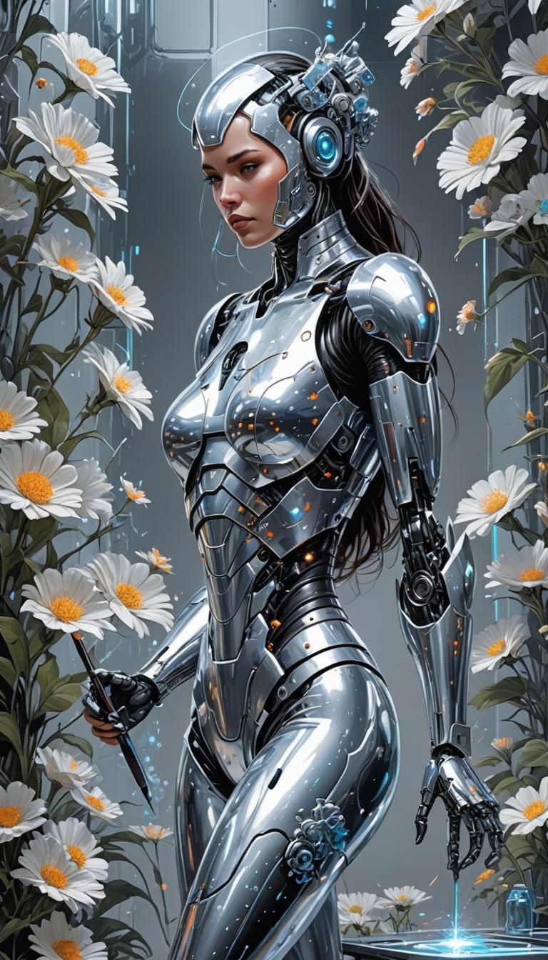Futuristic Woman Painting Flowers in Comic Book Art