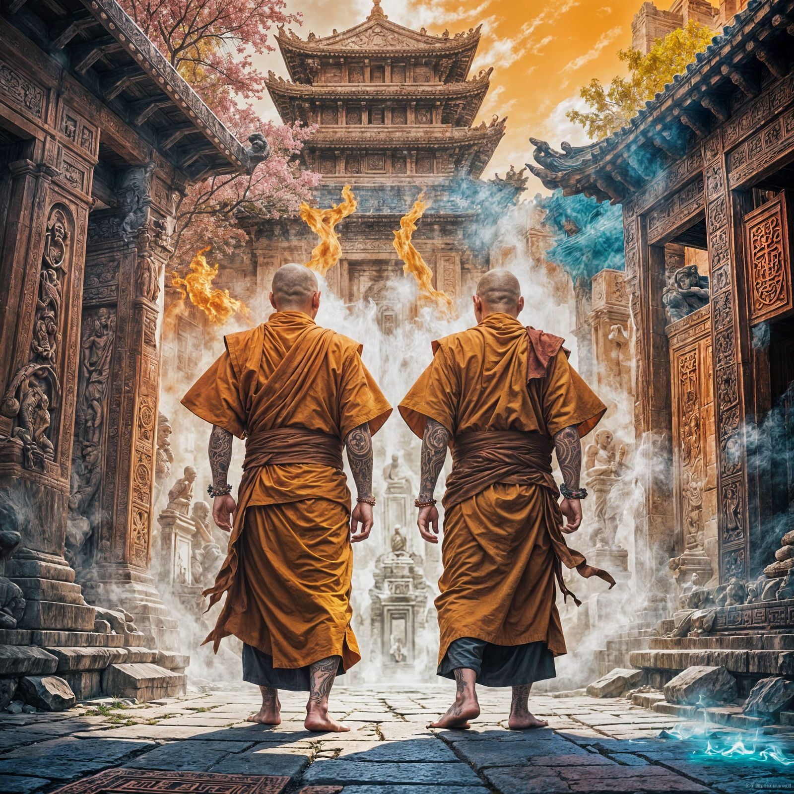 Tattooed Monks Fight at Ancient Temple: Hyperrealistic Art