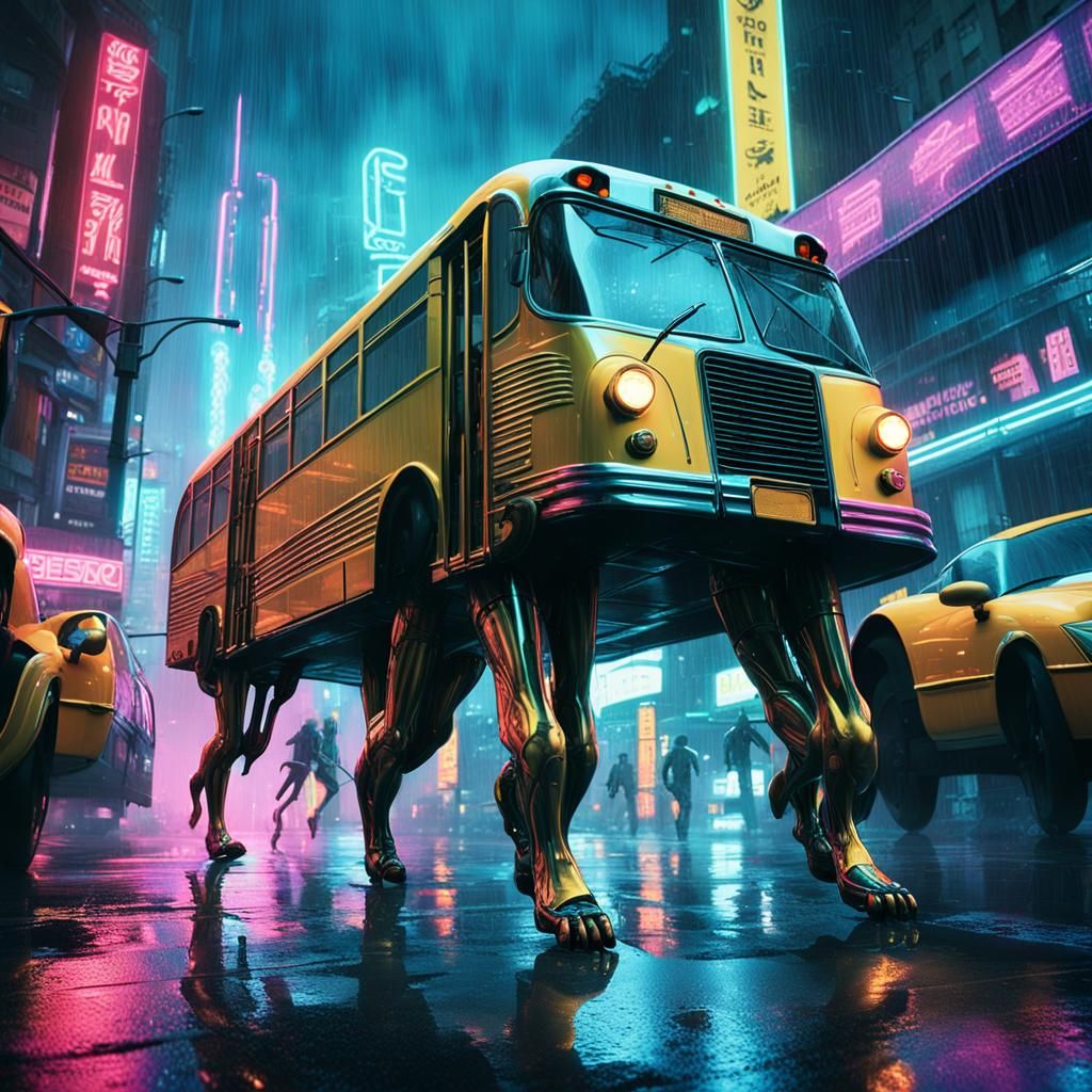 Cyberpunk Walking Bus in Rainy Cityscape