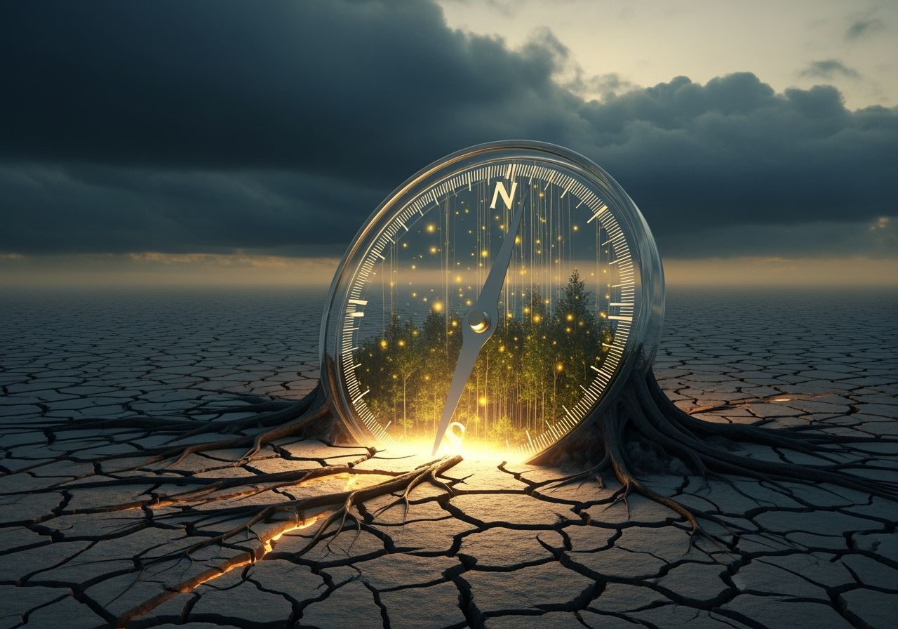 Surreal Glass Compass in Desolate Landscape