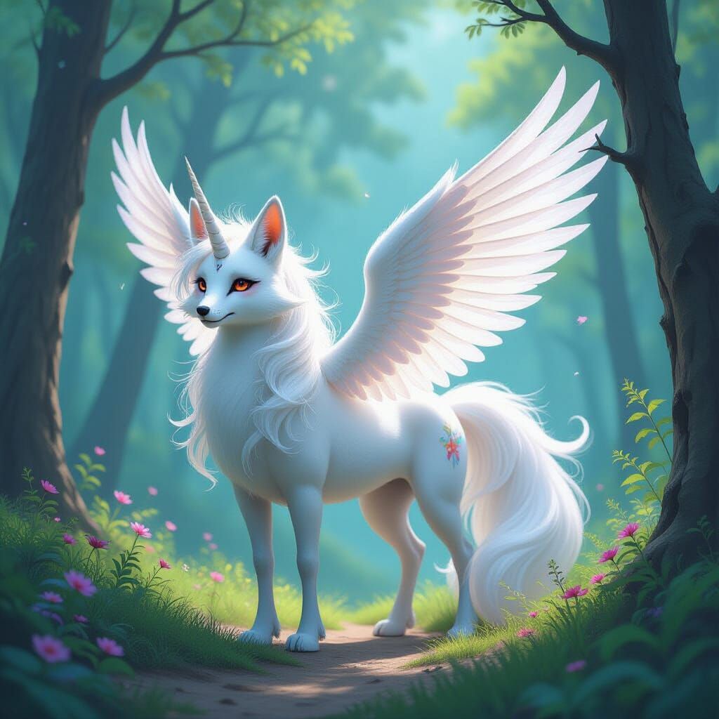 Winged Unicorn Fox in Dreamy Fantasy Forest