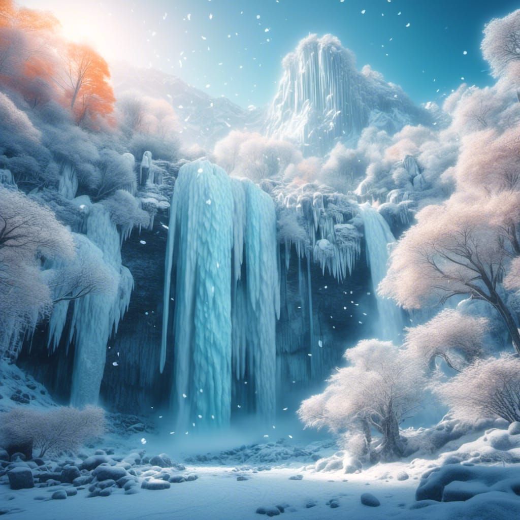 Frozen Waterfall in Winter Mountain Landscape