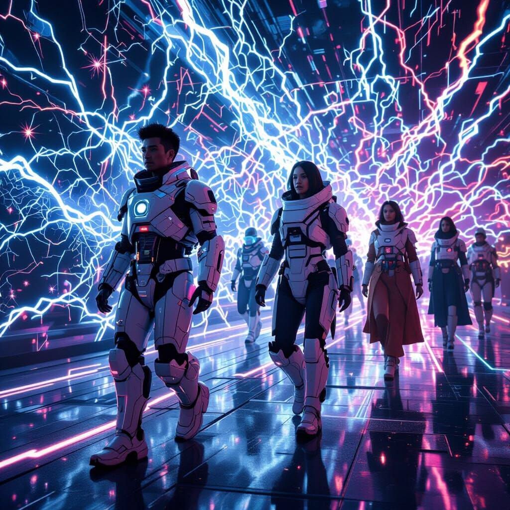 Diverse People in Exosuits Navigate Chaotic Zone