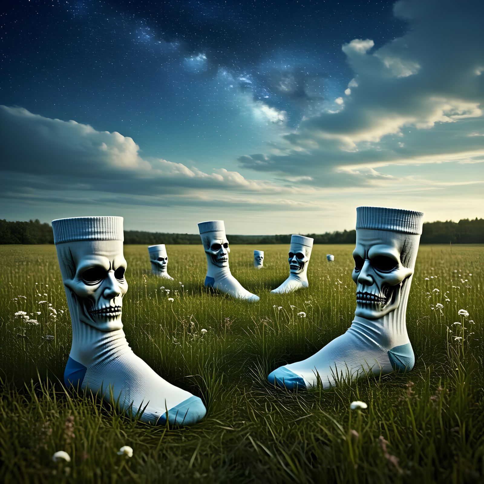 Surreal Meadow of Sock Faces Under Starry Sky