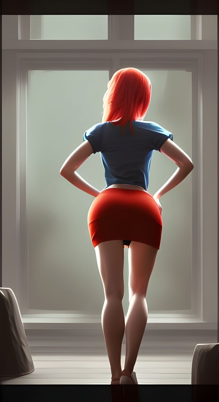 Woman Bending Over in Orange and Teal, Hyperdetailed