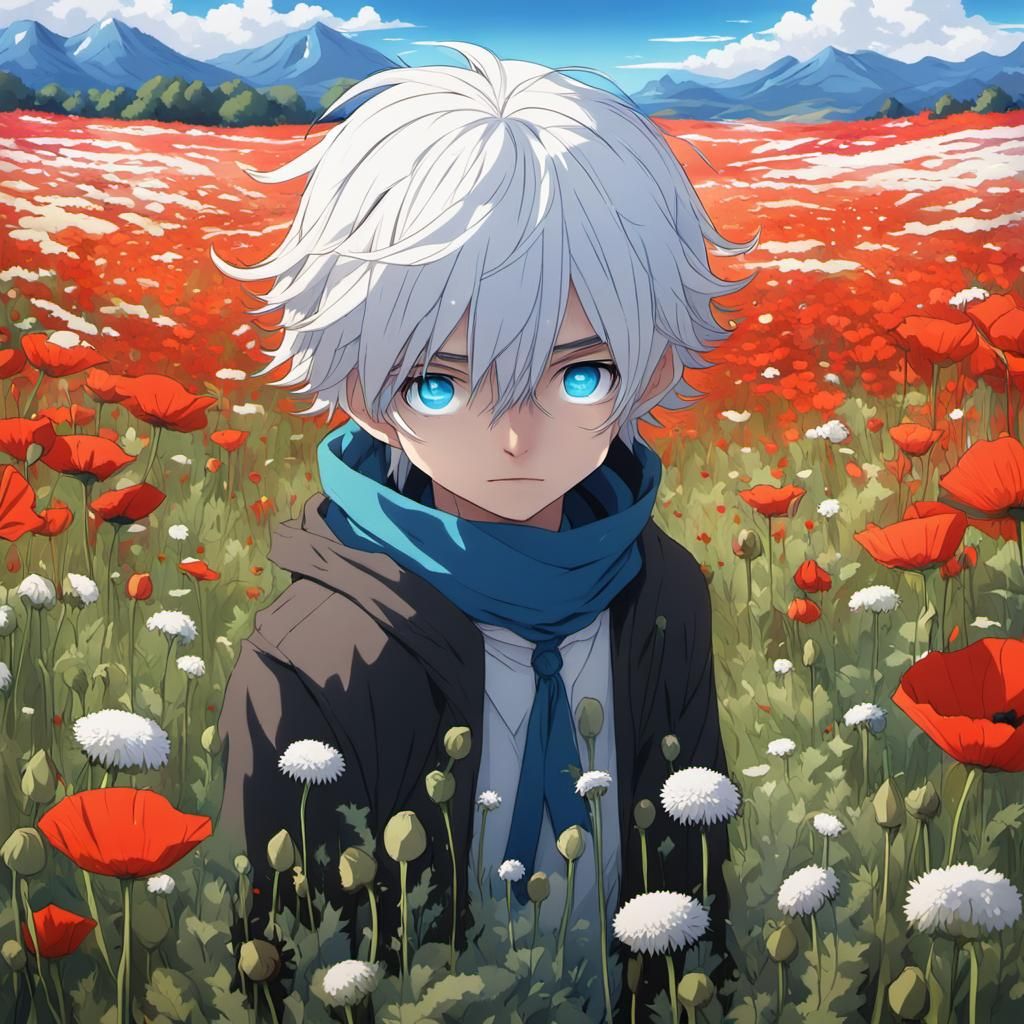 Dandelion Boy in Poppy Field: Anime Style