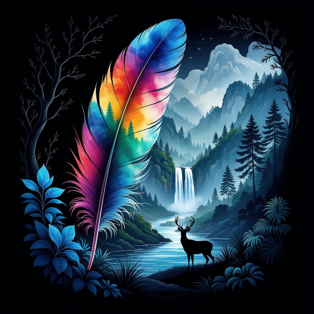 Nature and Dark Fantasy Feather in Watercolor Style