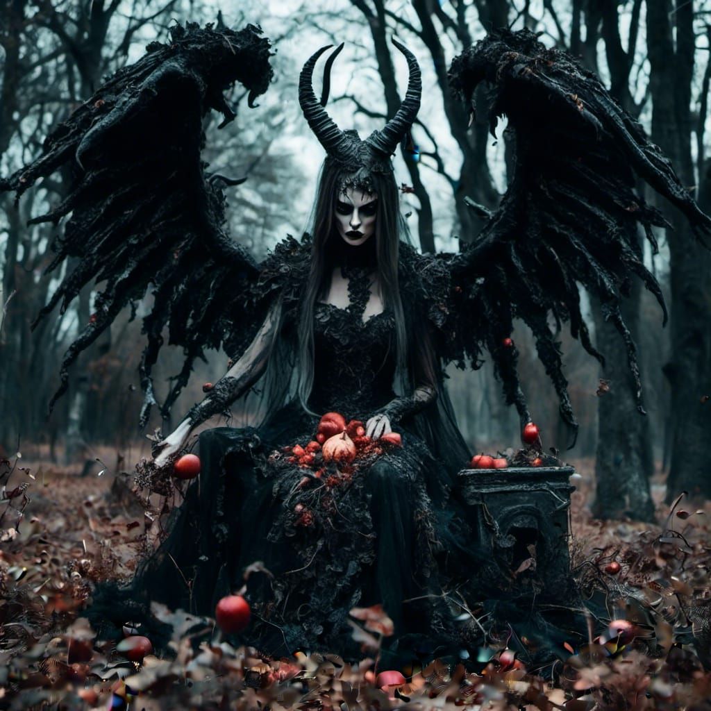 Beautiful Demon with Wings in Cemetery Scene