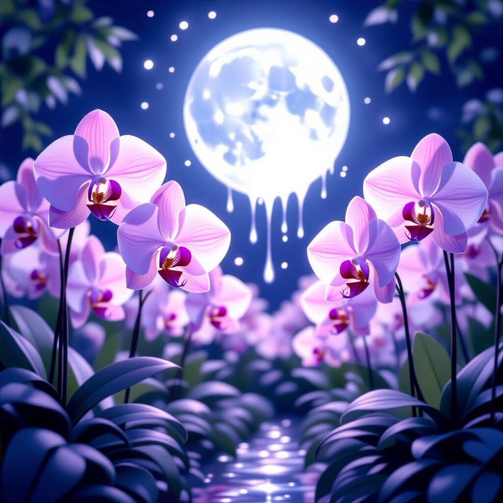 Ethereal Garden of Oversized Orchids Under a Dripping Moon