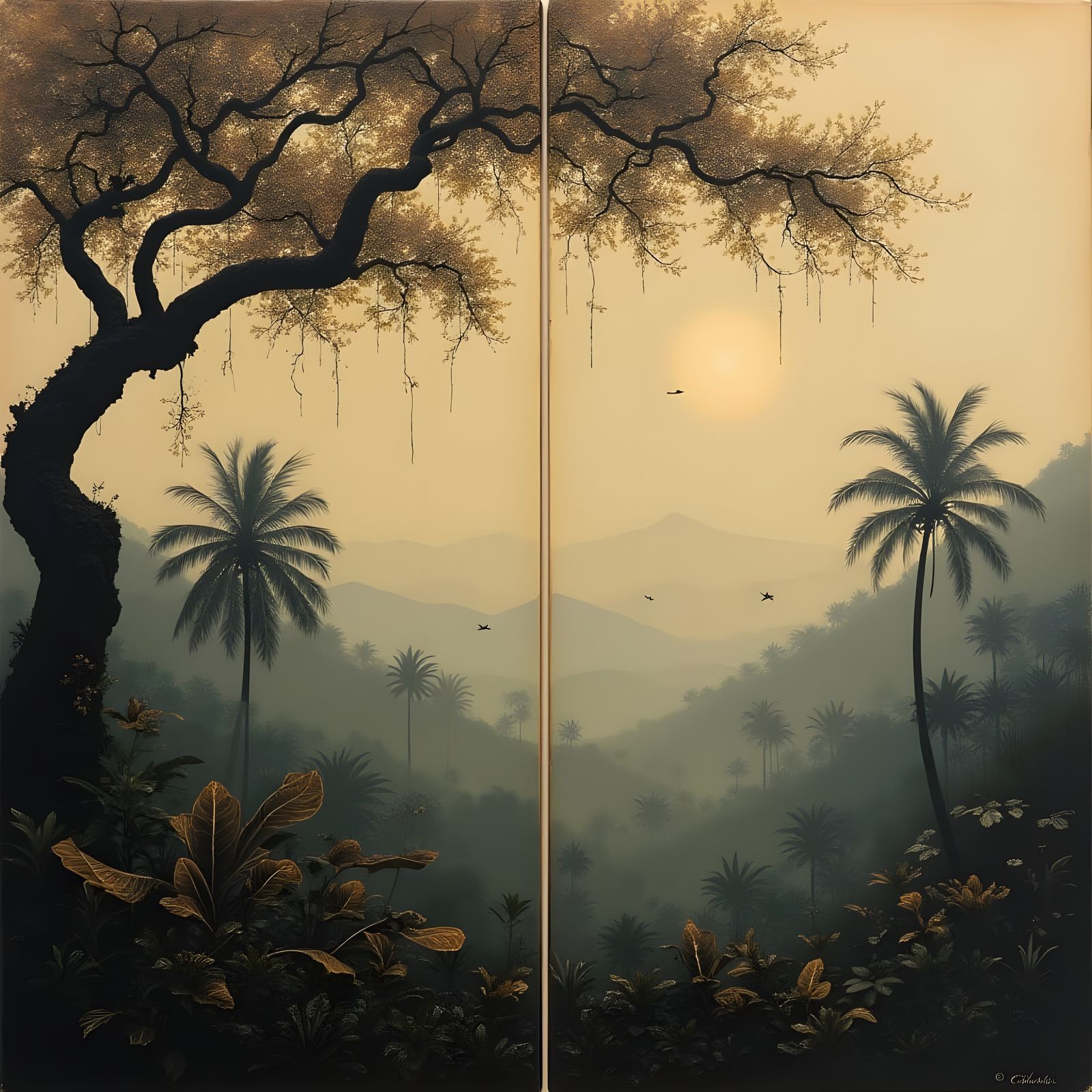 Asymmetric Landscape Diptych in Chinoiserie Style