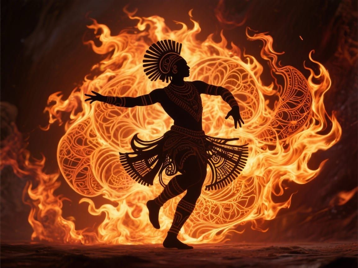 Tribal Dancer Silhouette Against Fractal Flames
