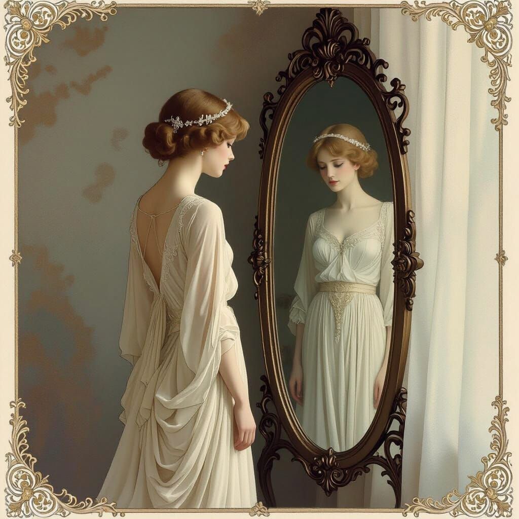 Ethereal Figure Gazing in Mirror, Art Nouveau Style