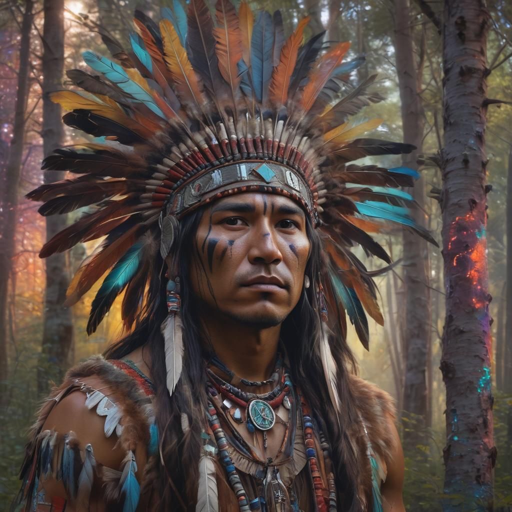 Native American Warrior in Vibrant Oil Painting