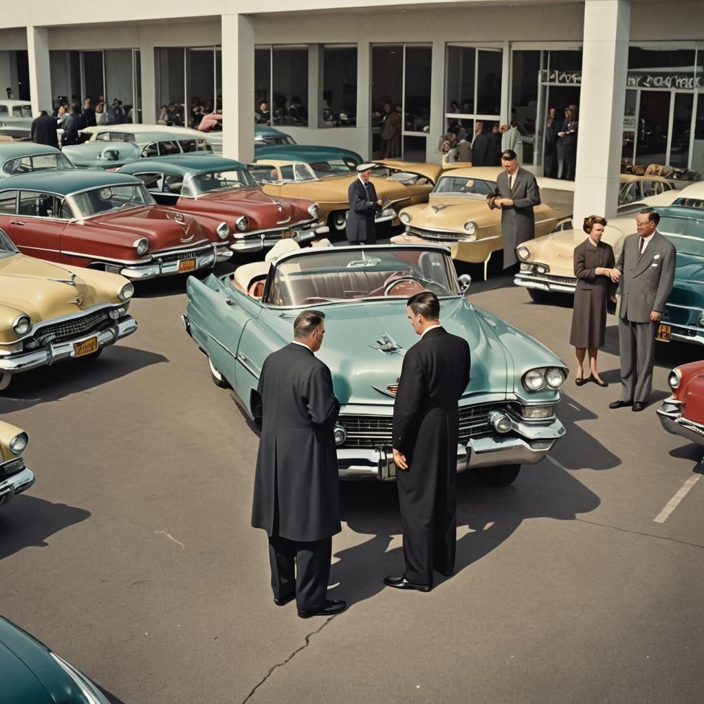 Catholic Priest Buys Cadillac: 1950s Photo