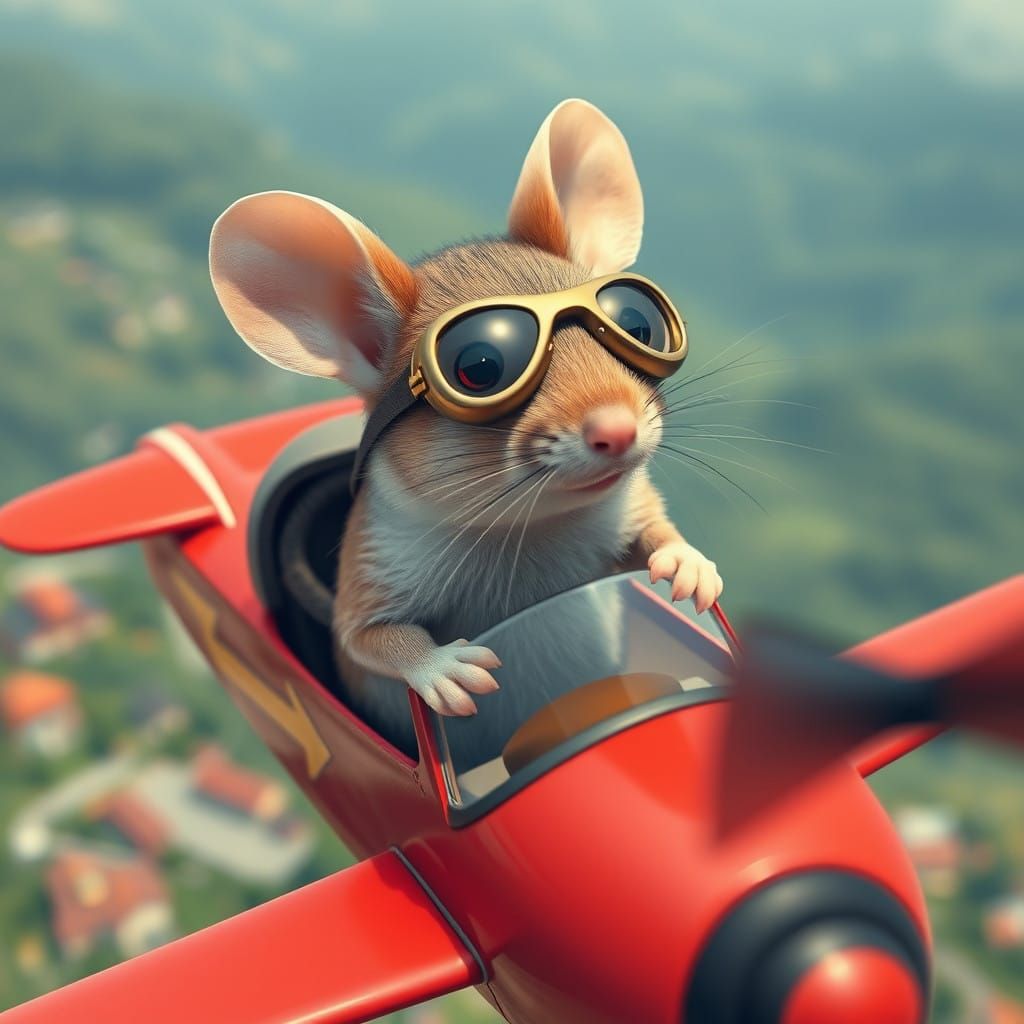 Anthropomorphic Aviator Mouse Soars Above Village