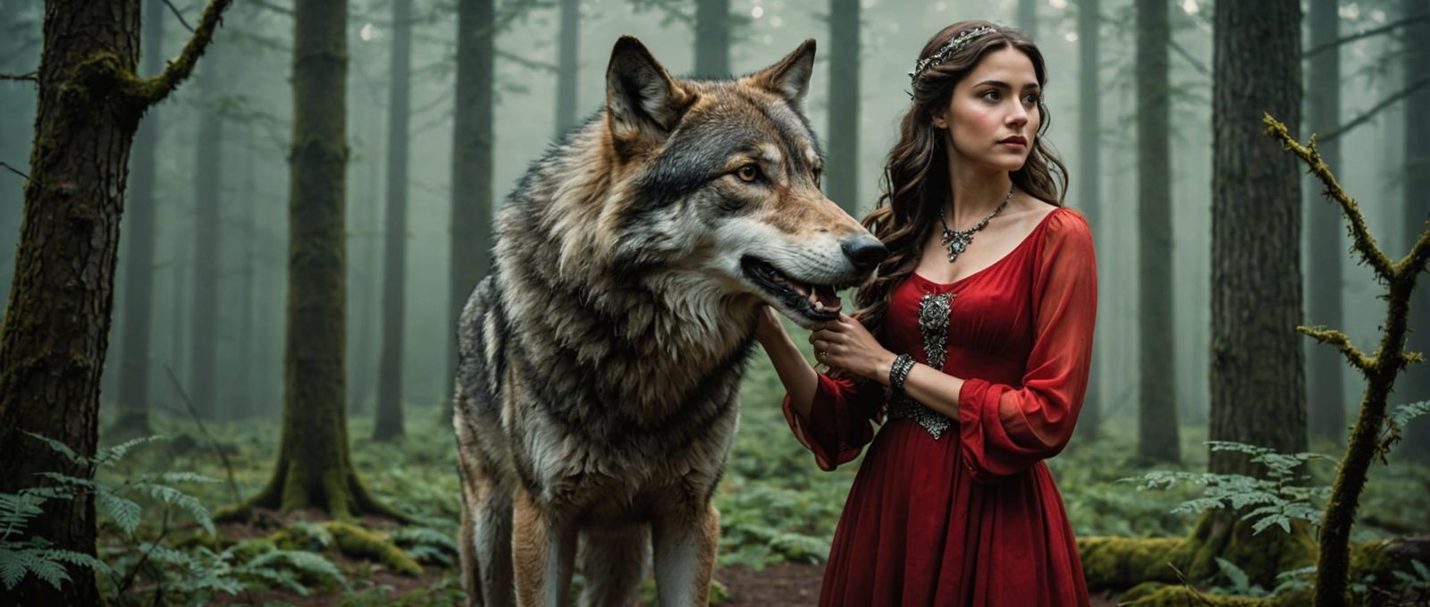 Woman and Wolf: Mystical Forest Harmony