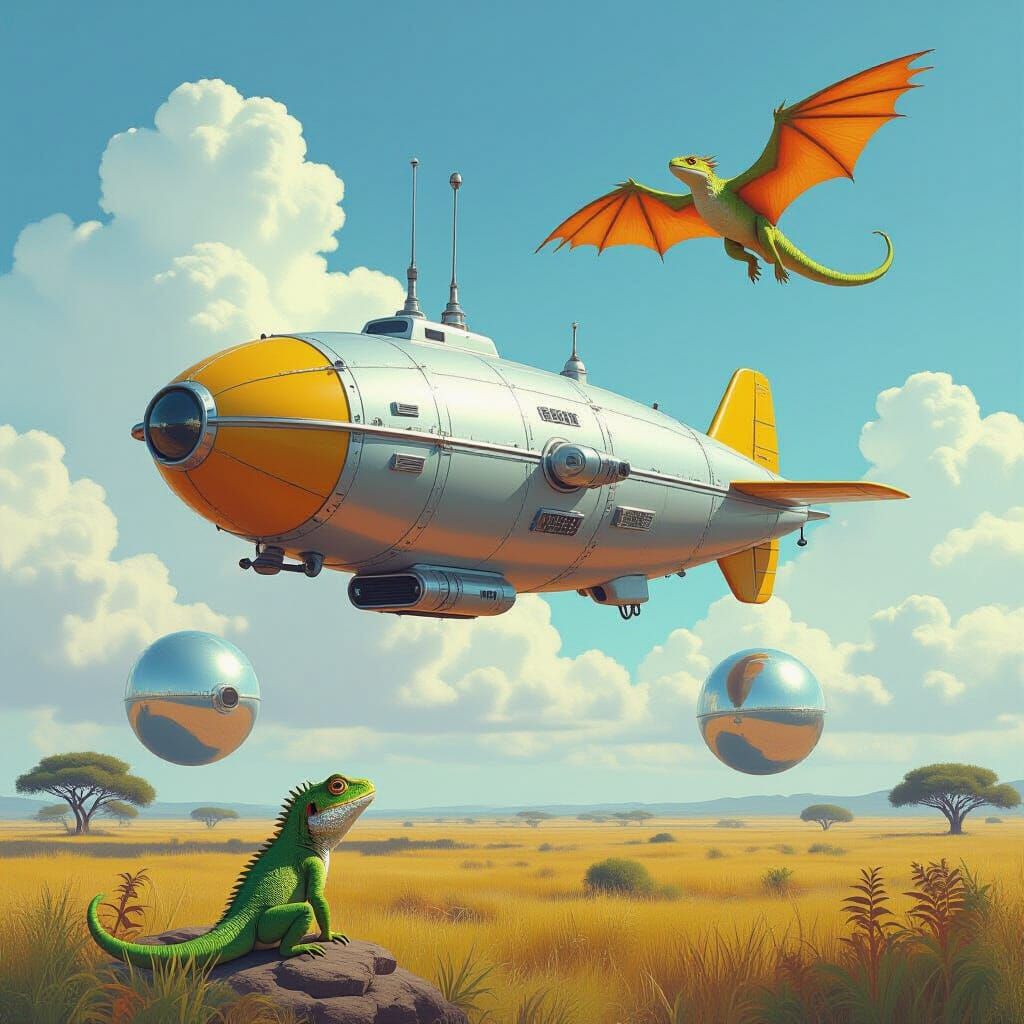 Airship Over Savannah in Retro-Futuristic Style