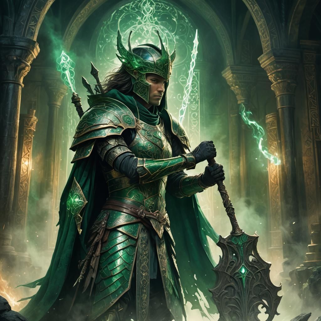 Armored Metilca Fan in Mystical Chamber: Digital Painting