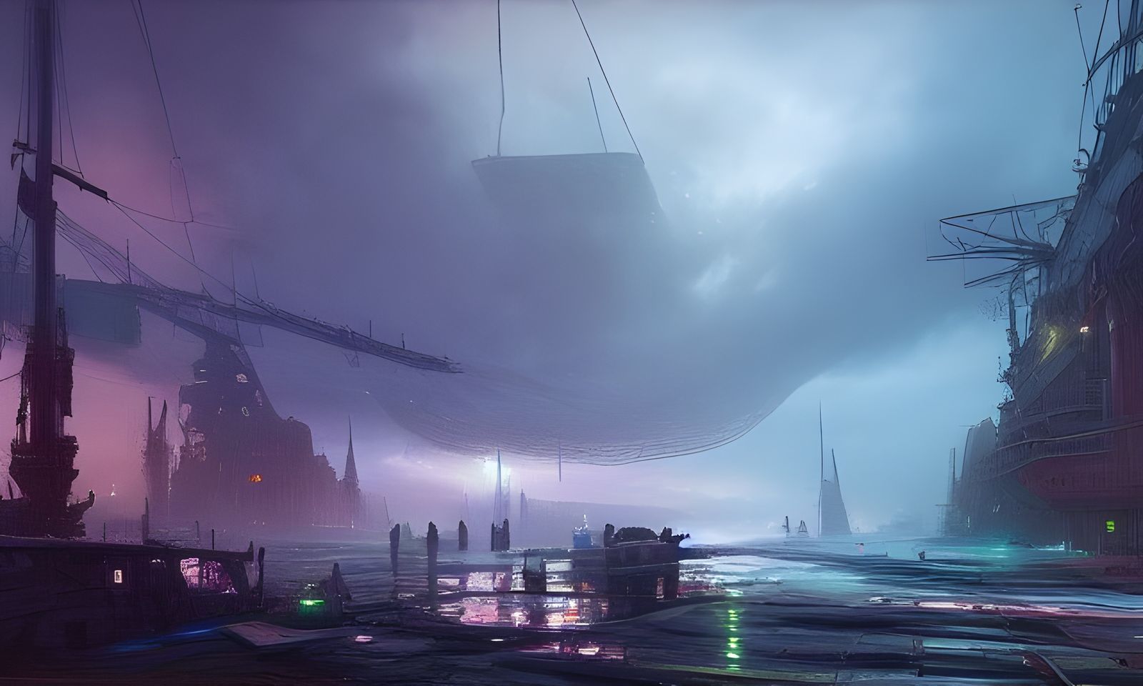 Futuristic Shipyard: Ominous Epic Oil Painting