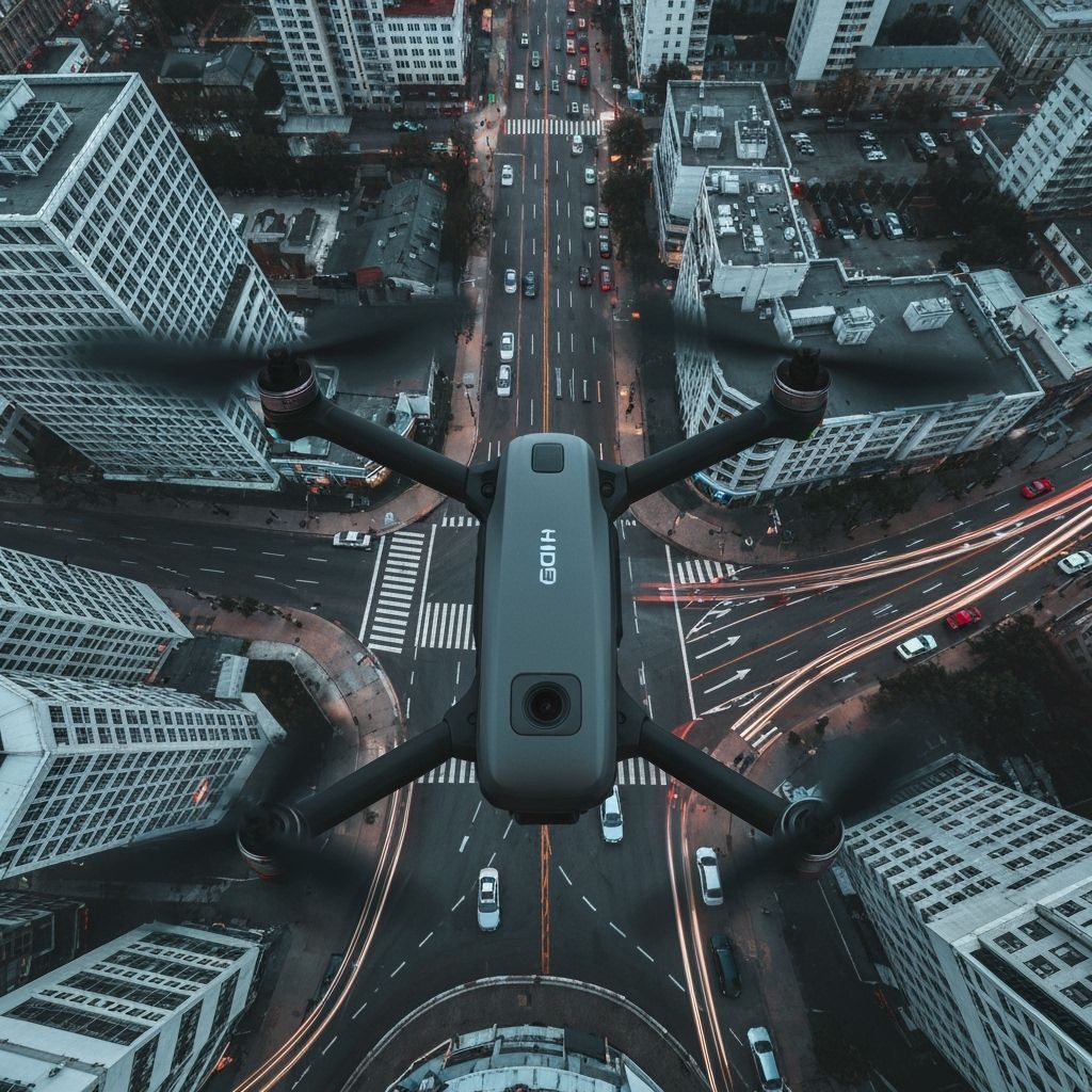 Personal Flying Drone Over City Streets