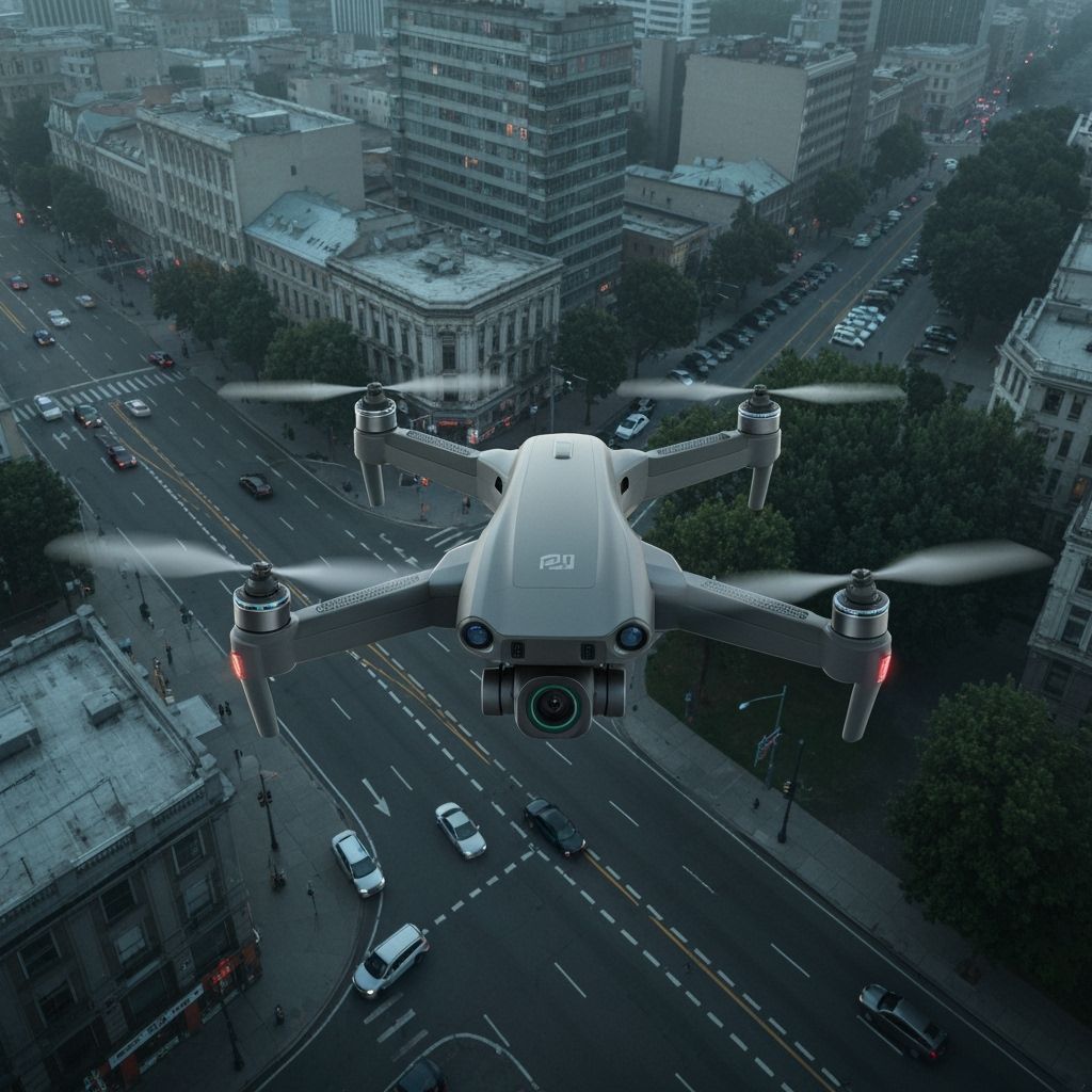 Personal Drone Soars Over City in Hyperrealistic Style