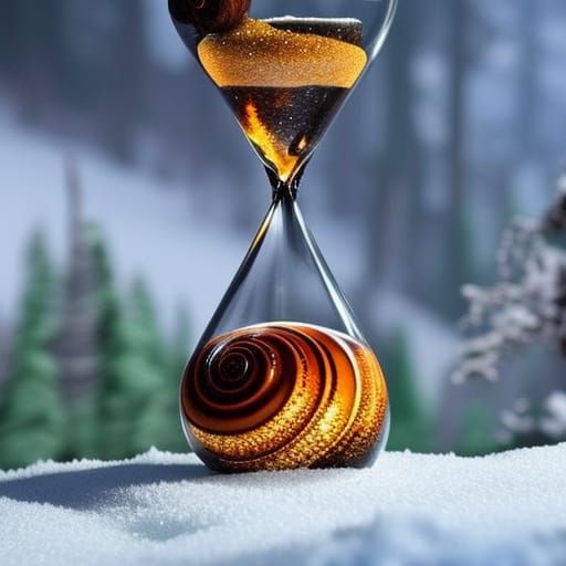 Snail on Hourglass in Snowy Forest: Hyperrealistic Art