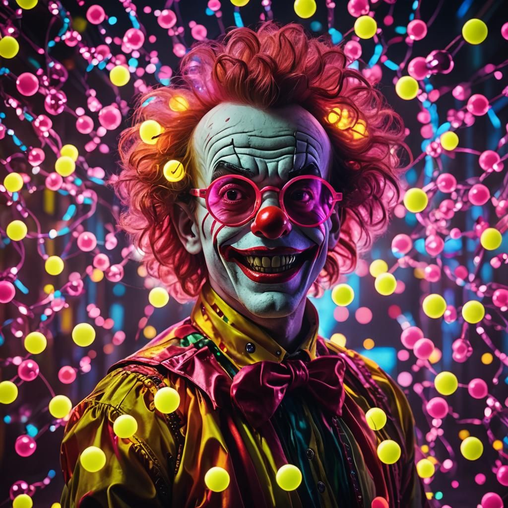 Clown Juggling Fluorescent Balls in Neon Light