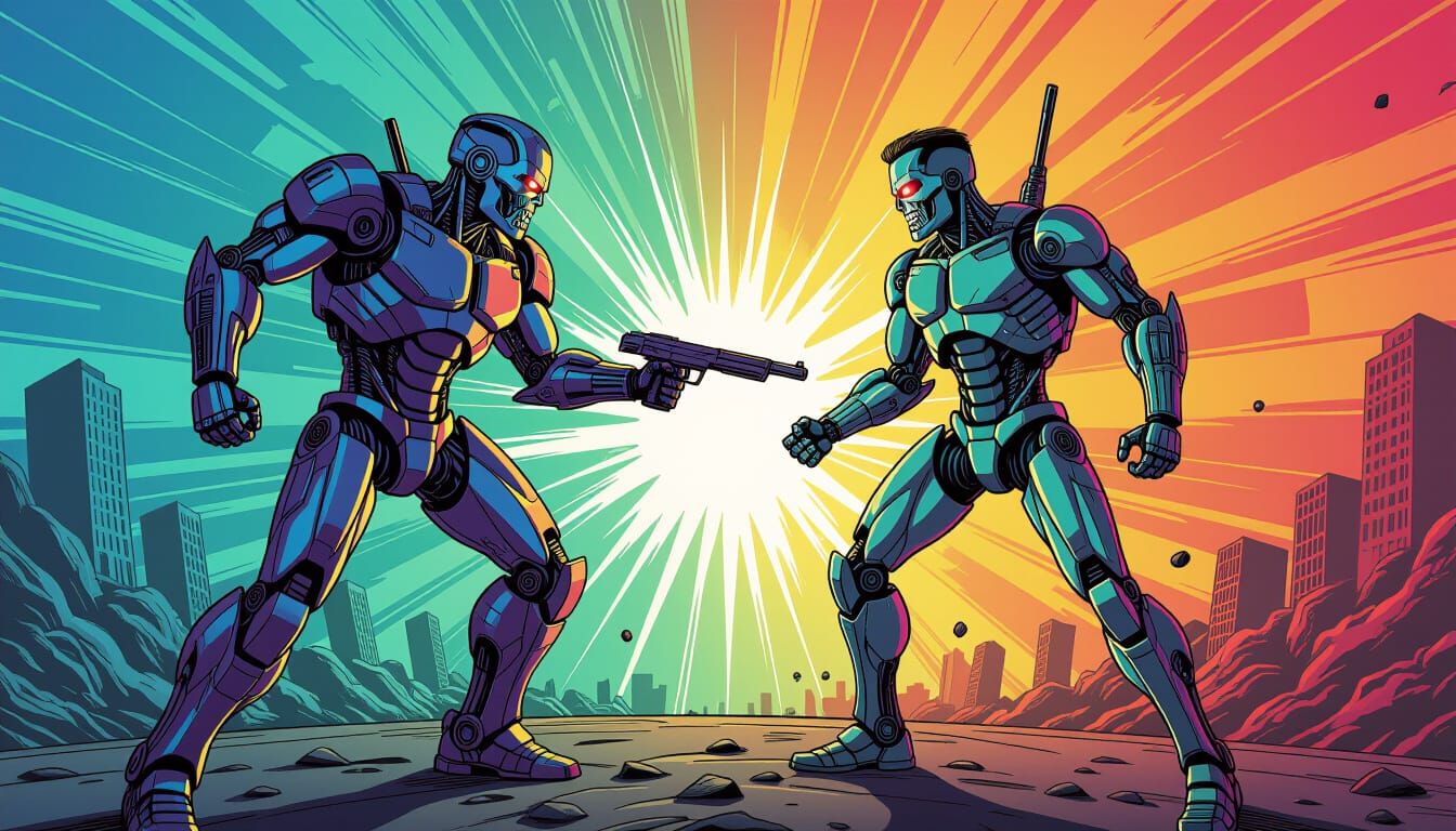 Cyborg Versus Terminator in Comic Book Style