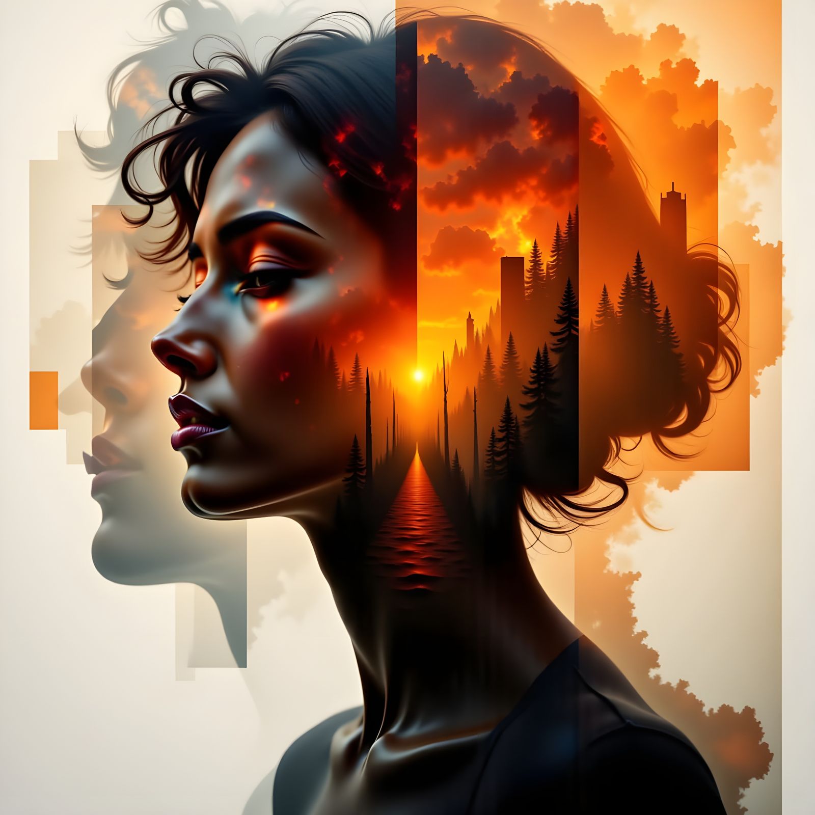 Surreal Double Exposure of Merged Silhouettes in Orange and ...