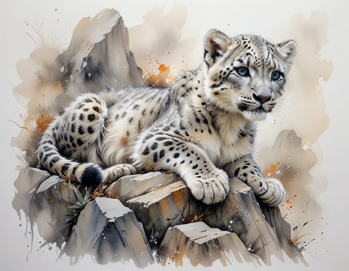 Snow Leopard Cub in Mountain Mist, Watercolour Art