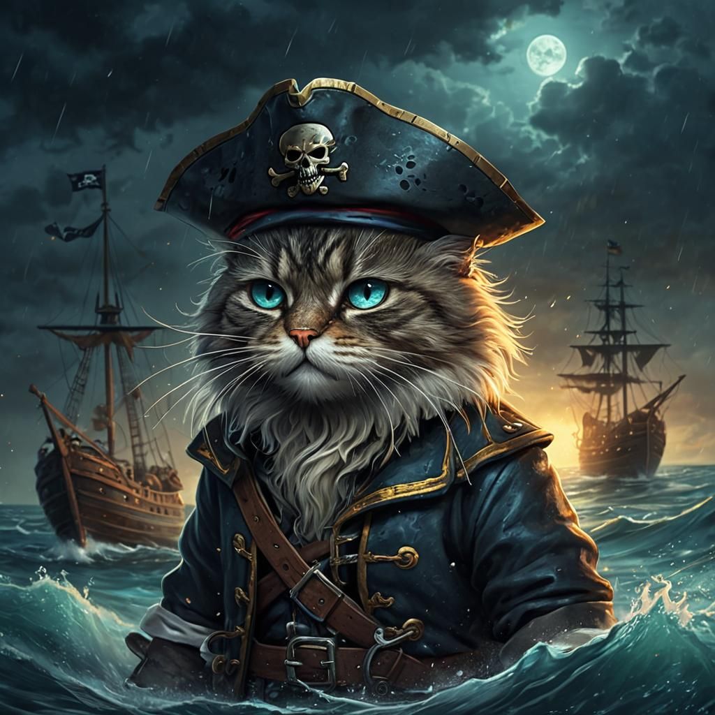Bioluminescent Pirate Cat Commands Stormy Seas