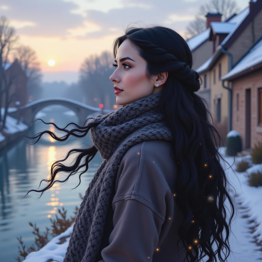 Serene Portrait of Woman in Winter Landscape