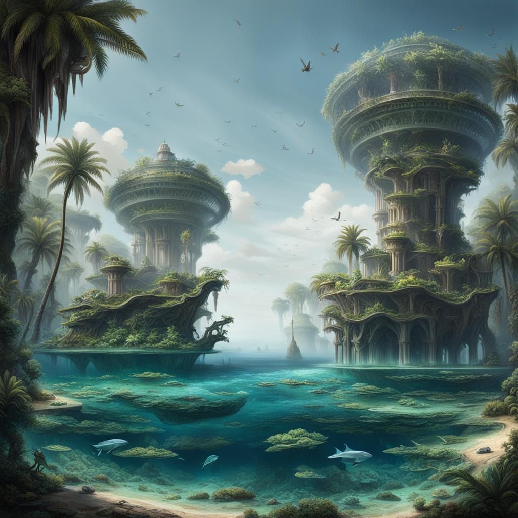 Lost Island in Vast Ocean with Exotic Creatures