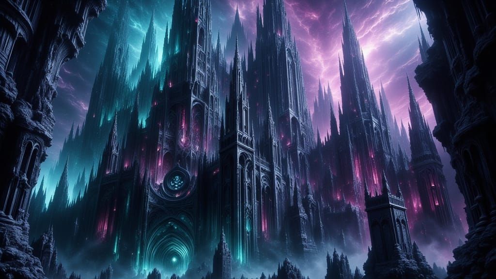 Gothic Cathedral Drifting in Nebula, Surreal Art
