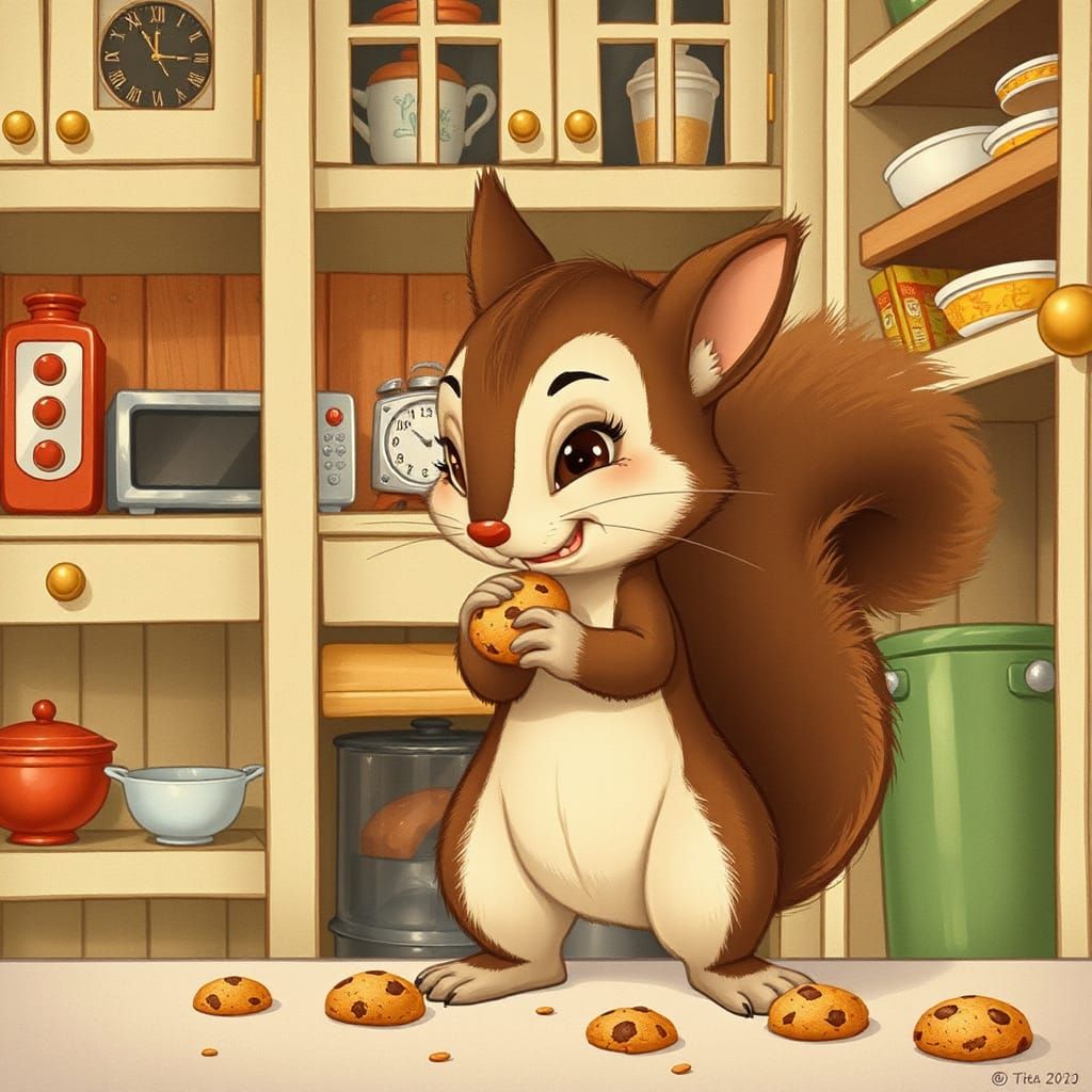 Squirrel Stealing Cookies: Whimsical Cartoon Illustration