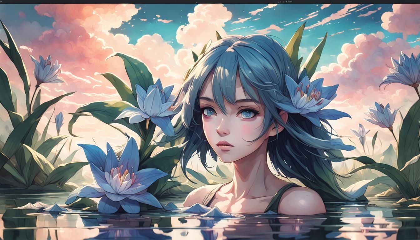 Anime Pond with Blue Lilies and Clouds