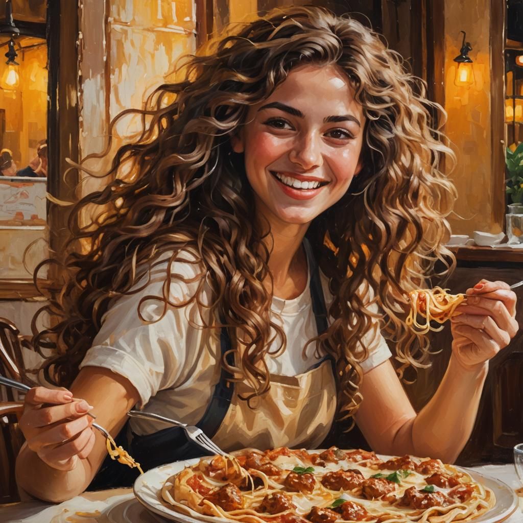 Italian Woman Savoring Pizza in Old Masters Style
