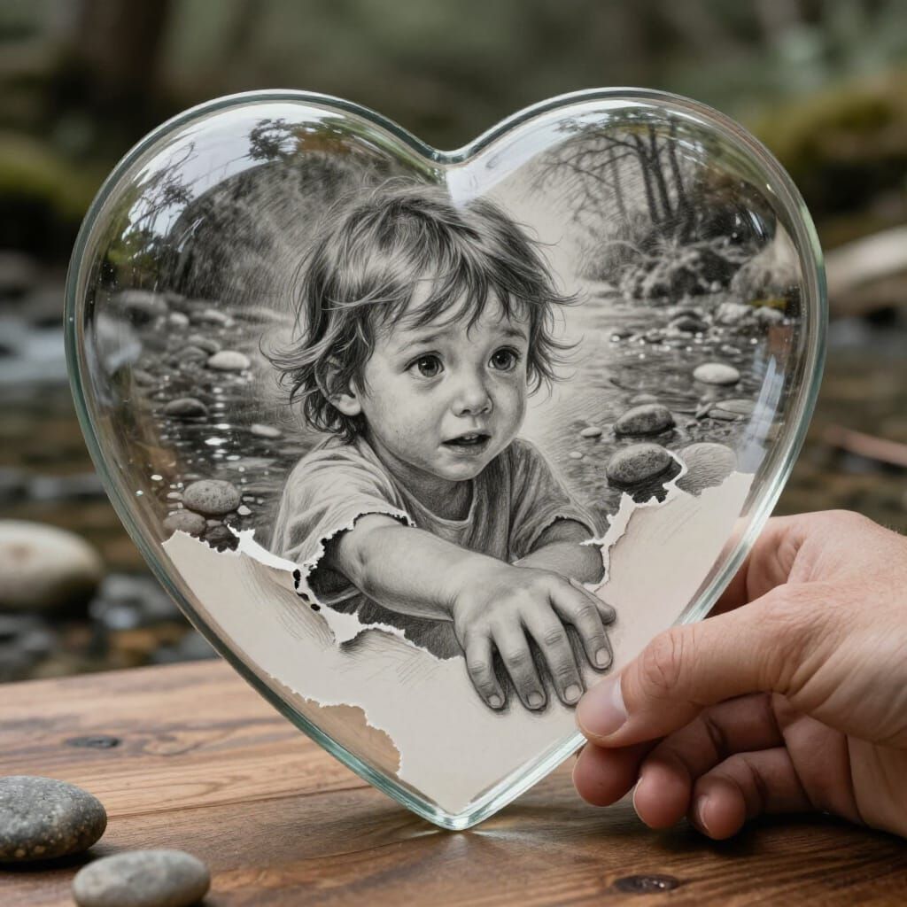 A transparent, heart-shaped glass vessel rests gently in a shallow forest stream, partially submerged among smooth pebbl...