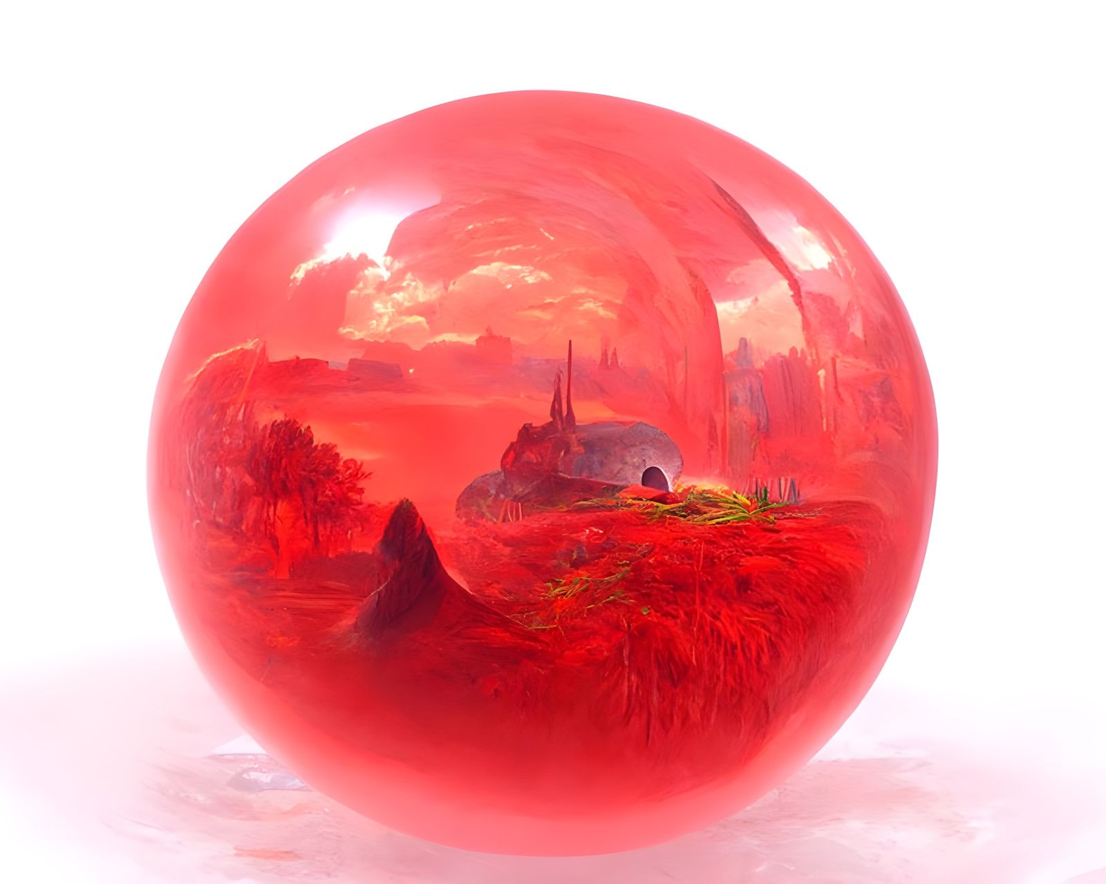 Idyllic Landscape Leaking from Sphere: Digital Rendering