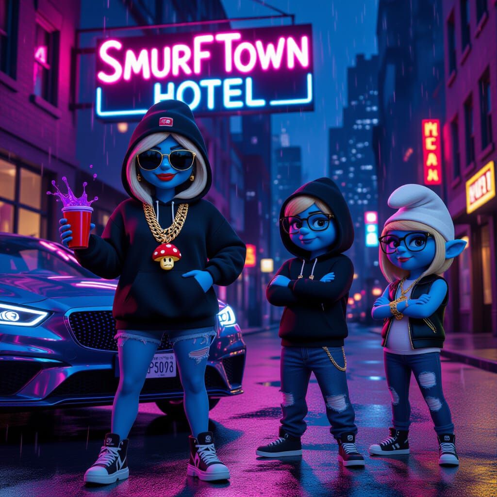 Smurftown Movie Poster: Blue Characters in Neon City