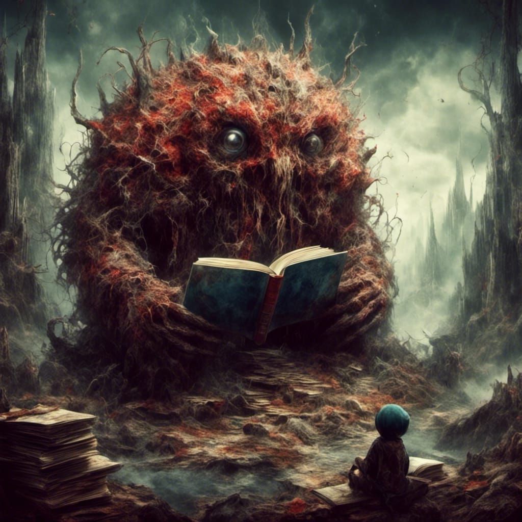 Giant Sponge Monster Reading on a Mountain