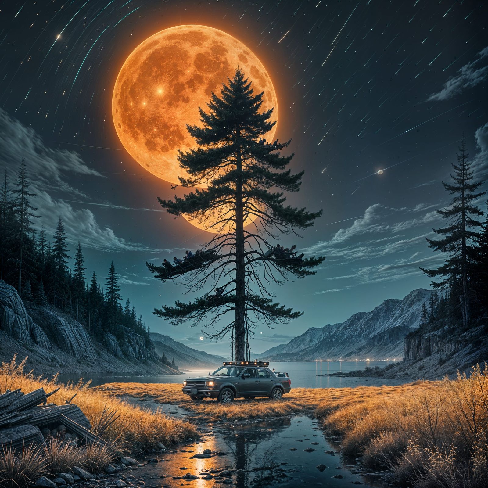 Majestic Pine Under Harvest Moon in Dreamy Landscape
