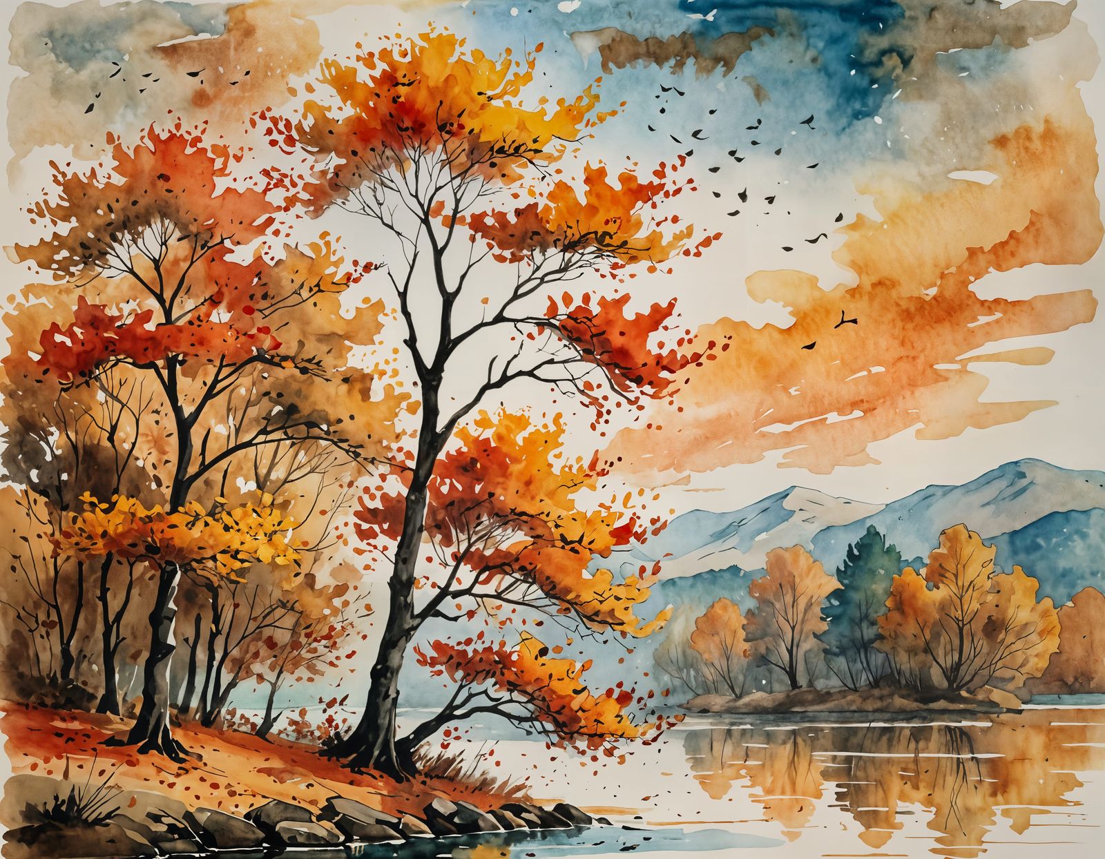 Autumn Lakeside Scene in Watercolor Style