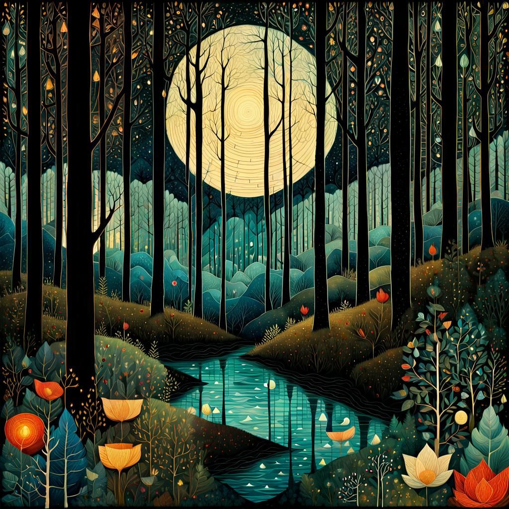 Night Forest Collage in Folk Art Style