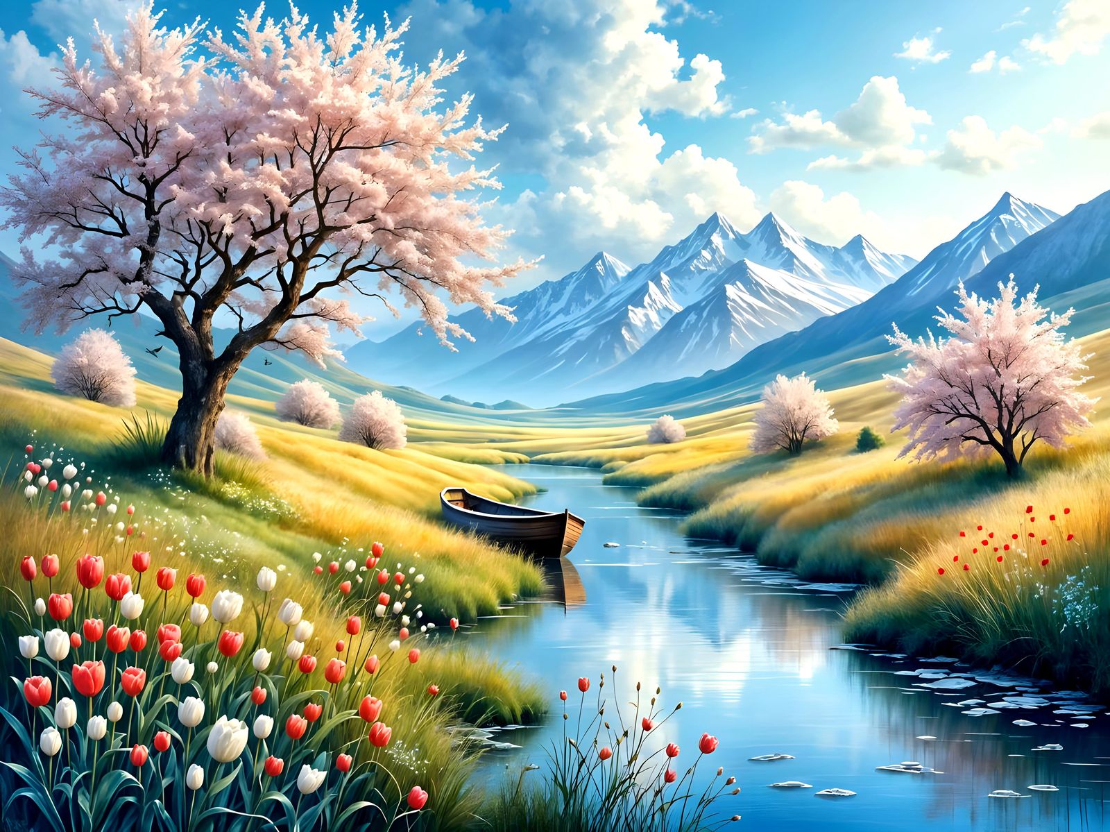 Idyllic Landscape in Whimsical Watercolor Style