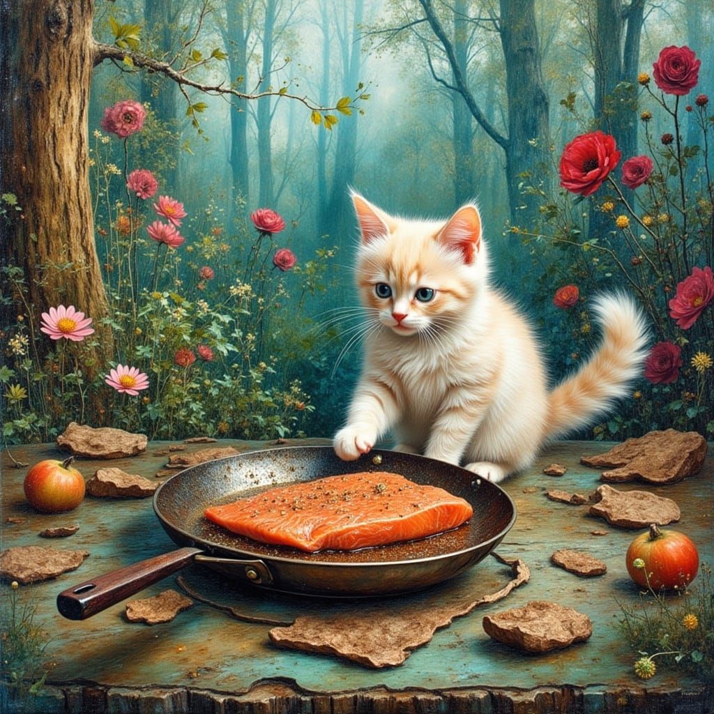 Tiny Cat Chef Fries Salmon in Whimsical Dreamscape
