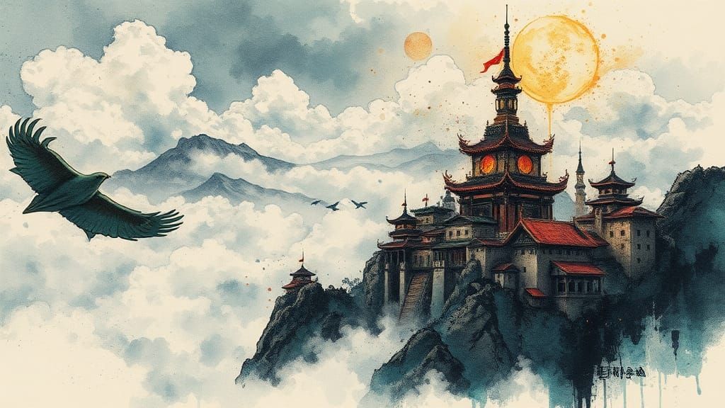 Steampunk City Over Chinese Landscape in Ink Splatter Art